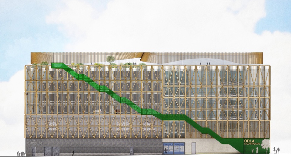 Mobilitetshusets fasad, en byggnad i flera våningar, sedd från Linta Gårdsväg. En trappa uppför huset till  en takterrass, markerad i grönt. Bilar syns parkerade i huset. I husets markplan syns skylt "Odla koloniträdgård"och entré med skylten "Stockholm Parkering". Vid gatan  människor i rörelse. Illustration